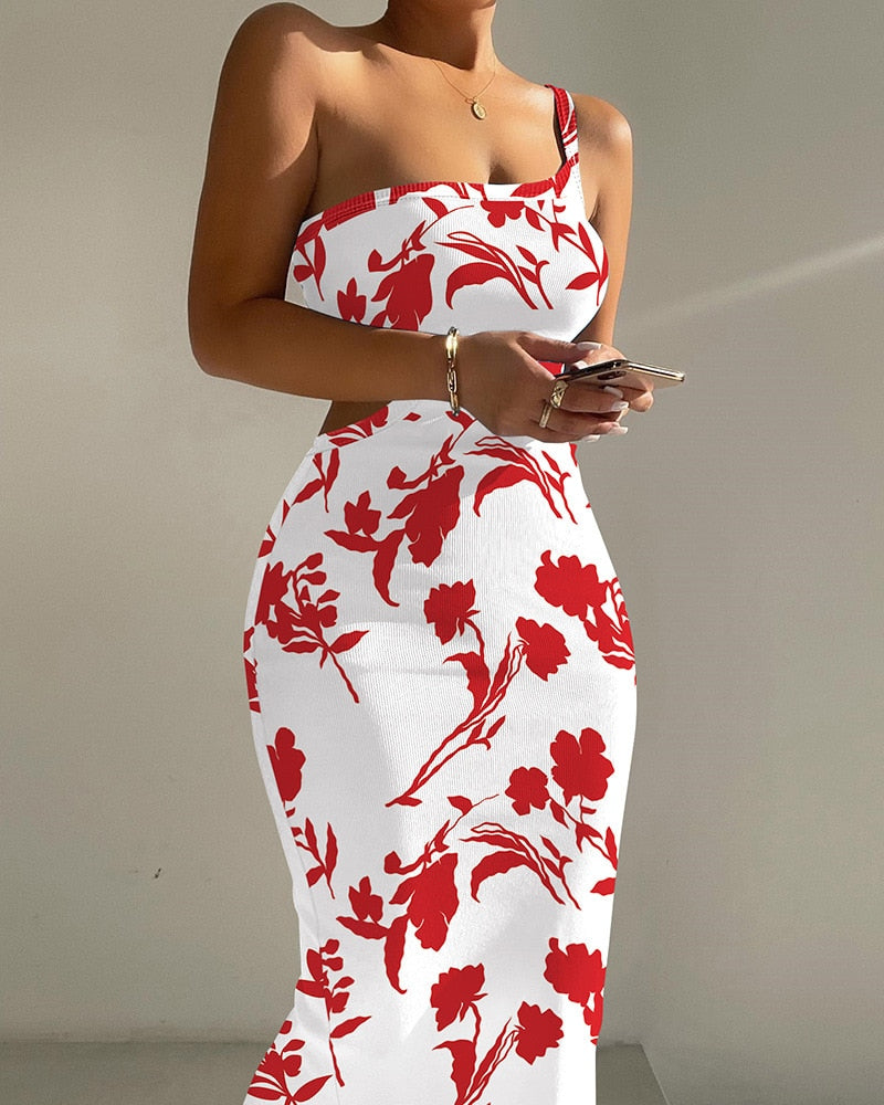 Floral Print One Shoulder Cutout Dress