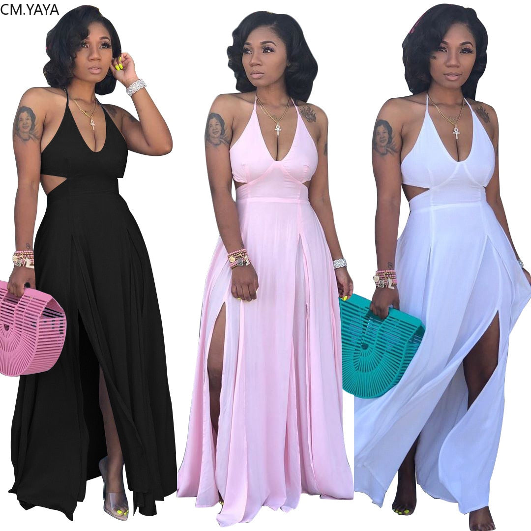 Halter V-neck Open Back Maxi Dress