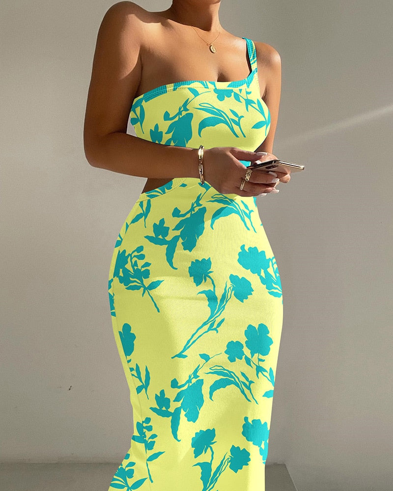 Floral Print One Shoulder Cutout Dress