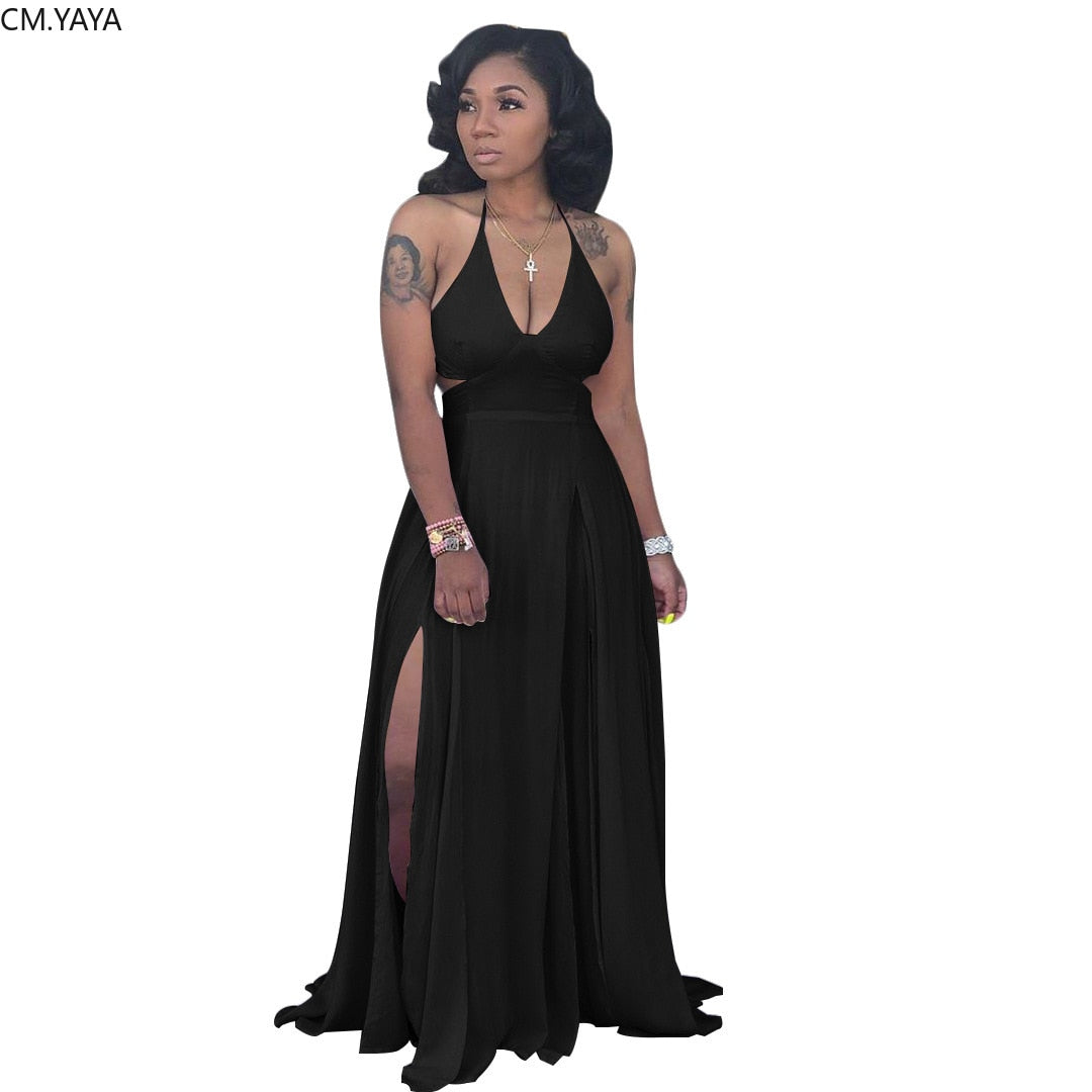 Halter V-neck Open Back Maxi Dress