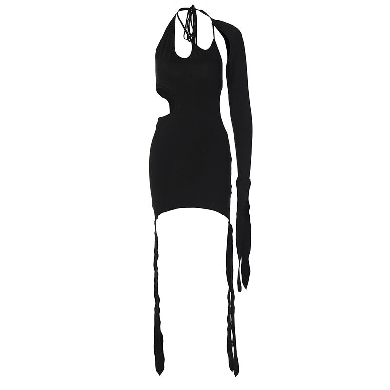 Solid Sexy Cutout Sloping One Shoulder Fringe Dress