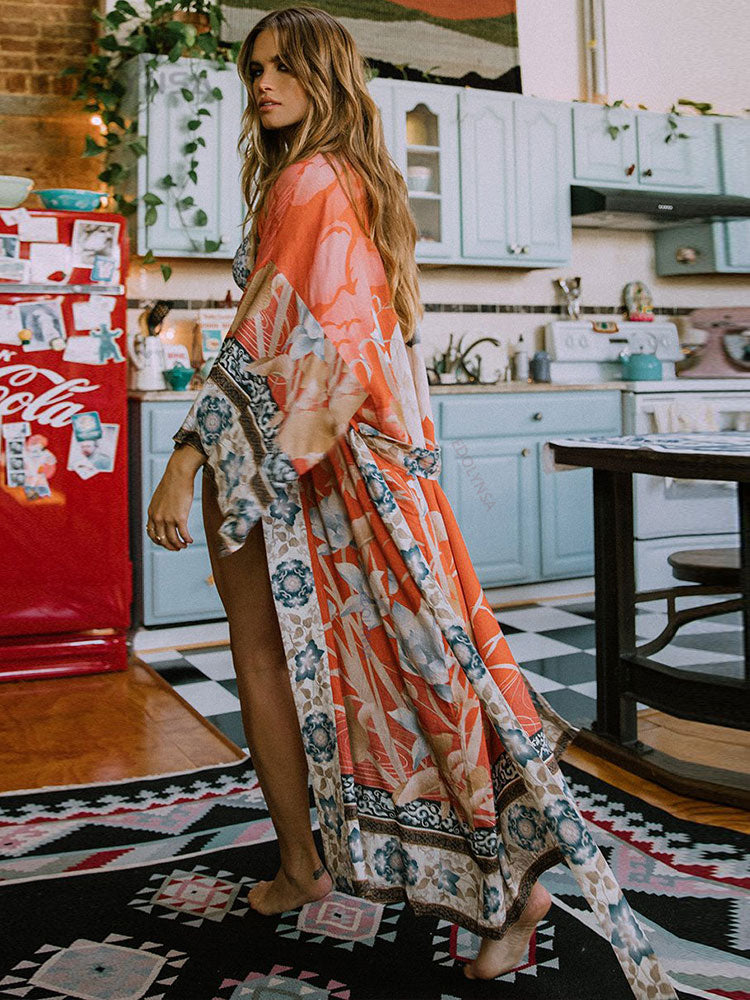 Bohemian Printed Self Belted Loose Beach Tunic