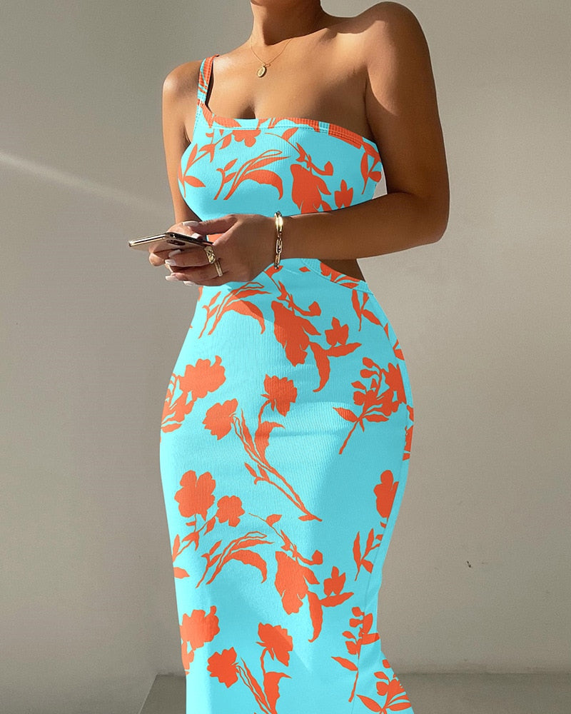 Floral Print One Shoulder Cutout Dress